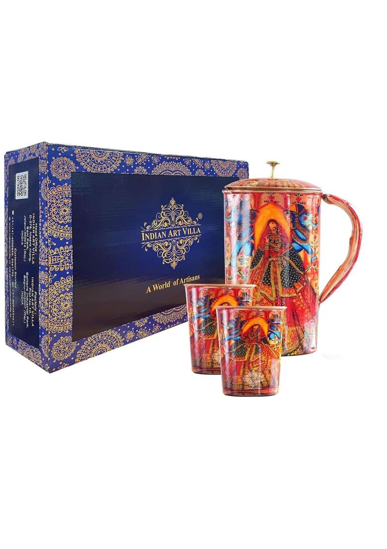 INDIAN ART VILLA Rajasthani Meena Padharo Mhare Desh Theme Copper Gift Jug and 2 Glass | 1.5 L | 1.6 Qt - Indya