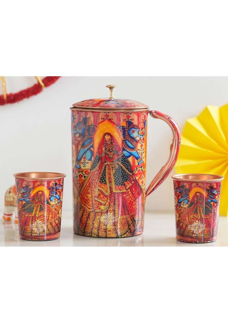 INDIAN ART VILLA Rajasthani Meena Padharo Mhare Desh Theme Copper Gift Jug and 2 Glass | 1.5 L | 1.6 Qt - Indya
