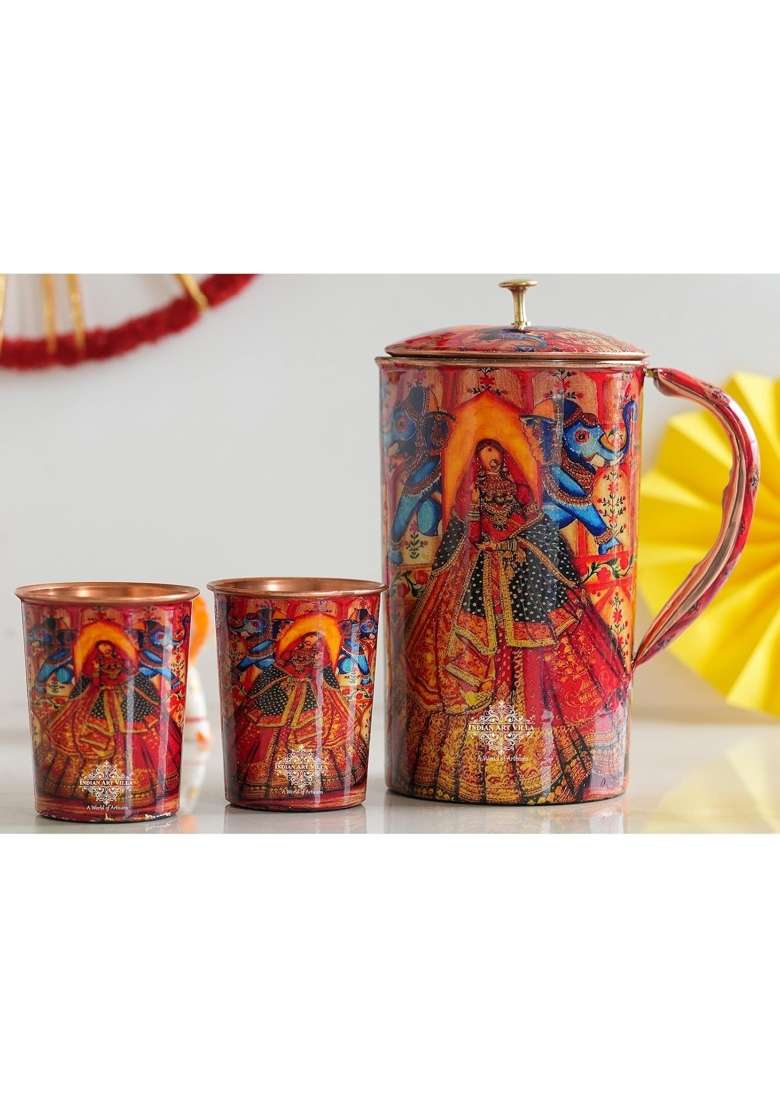 INDIAN ART VILLA Rajasthani Meena Padharo Mhare Desh Theme Copper Gift Jug and 2 Glass | 1.5 L | 1.6 Qt - Indya