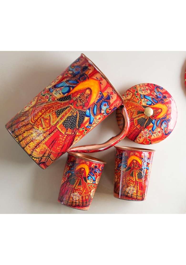 INDIAN ART VILLA Rajasthani Meena Padharo Mhare Desh Theme Copper Gift Jug and 2 Glass | 1.5 L | 1.6 Qt - Indya