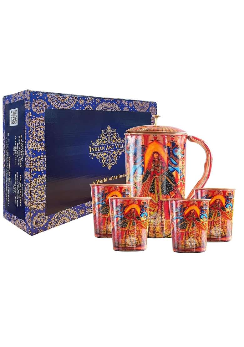INDIAN ART VILLA Rajasthani Meena Padharo Mhare Desh Theme Copper Gift Jug and 4 Glass | 1.5 L | 1.6 Qt - Indya
