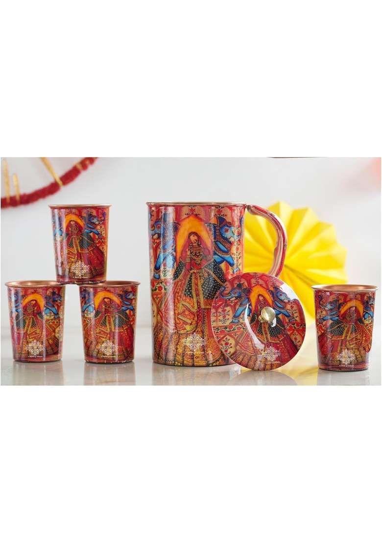 INDIAN ART VILLA Rajasthani Meena Padharo Mhare Desh Theme Copper Gift Jug and 4 Glass | 1.5 L | 1.6 Qt - Indya