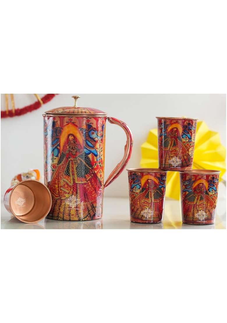 INDIAN ART VILLA Rajasthani Meena Padharo Mhare Desh Theme Copper Gift Jug and 4 Glass | 1.5 L | 1.6 Qt - Indya