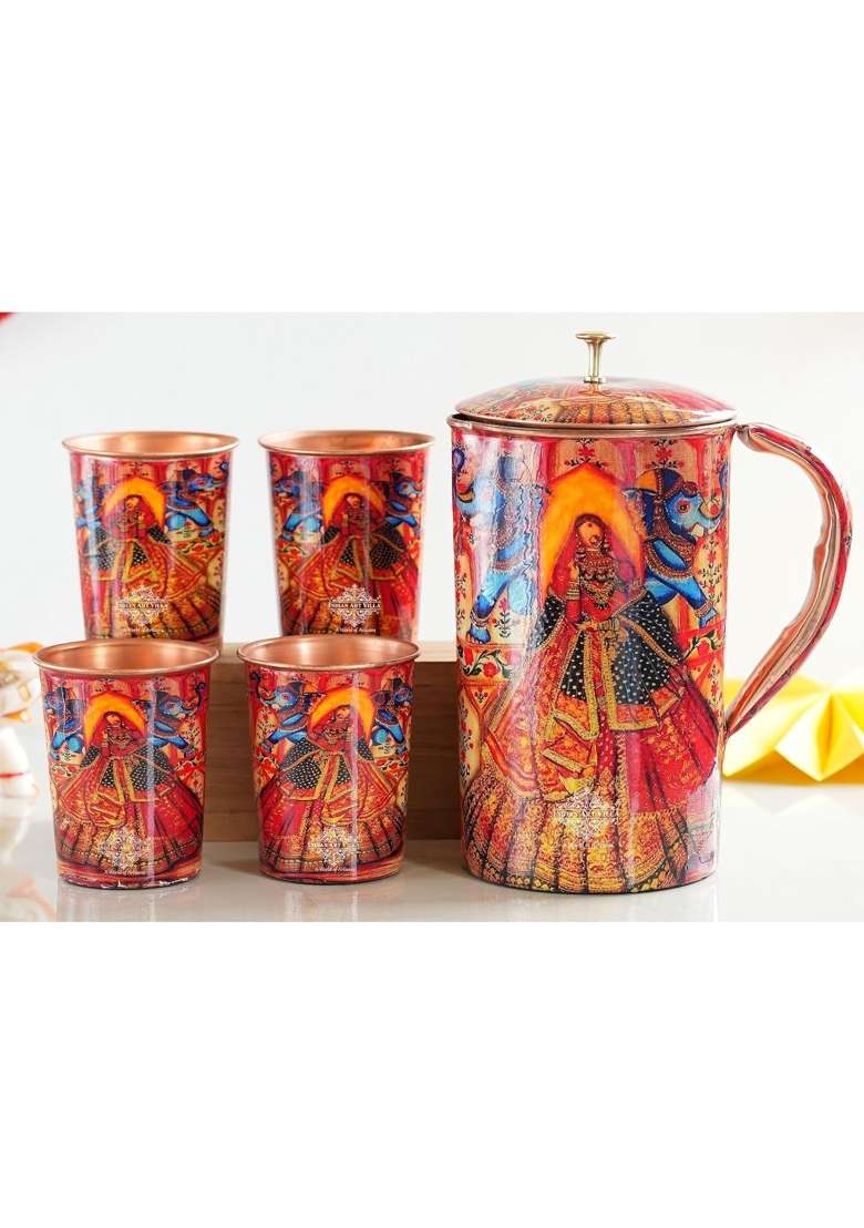 INDIAN ART VILLA Rajasthani Meena Padharo Mhare Desh Theme Copper Gift Jug and 4 Glass | 1.5 L | 1.6 Qt - Indya