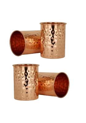Adoko 100 Pure Copper Hammered Tumbler | 300 ml | 10.1 fl oz | 4-Piece Set | Handcrafted