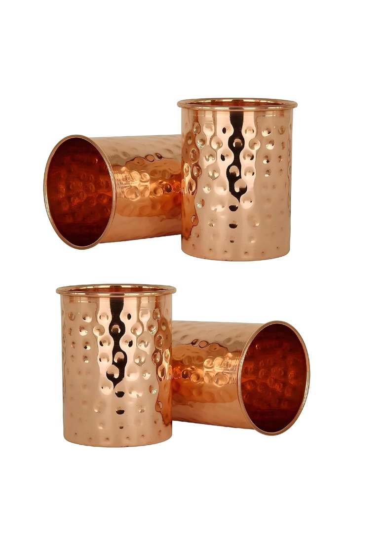 Adoko 100 Pure Copper Hammered Tumbler | 300 ml | 10.1 fl oz | 4-Piece Set | Handcrafted - Indya