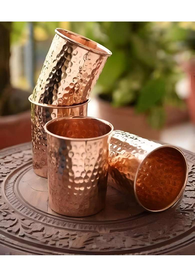 Adoko 100 Pure Copper Hammered Tumbler | 300 ml | 10.1 fl oz | 4-Piece Set | Handcrafted - Indya