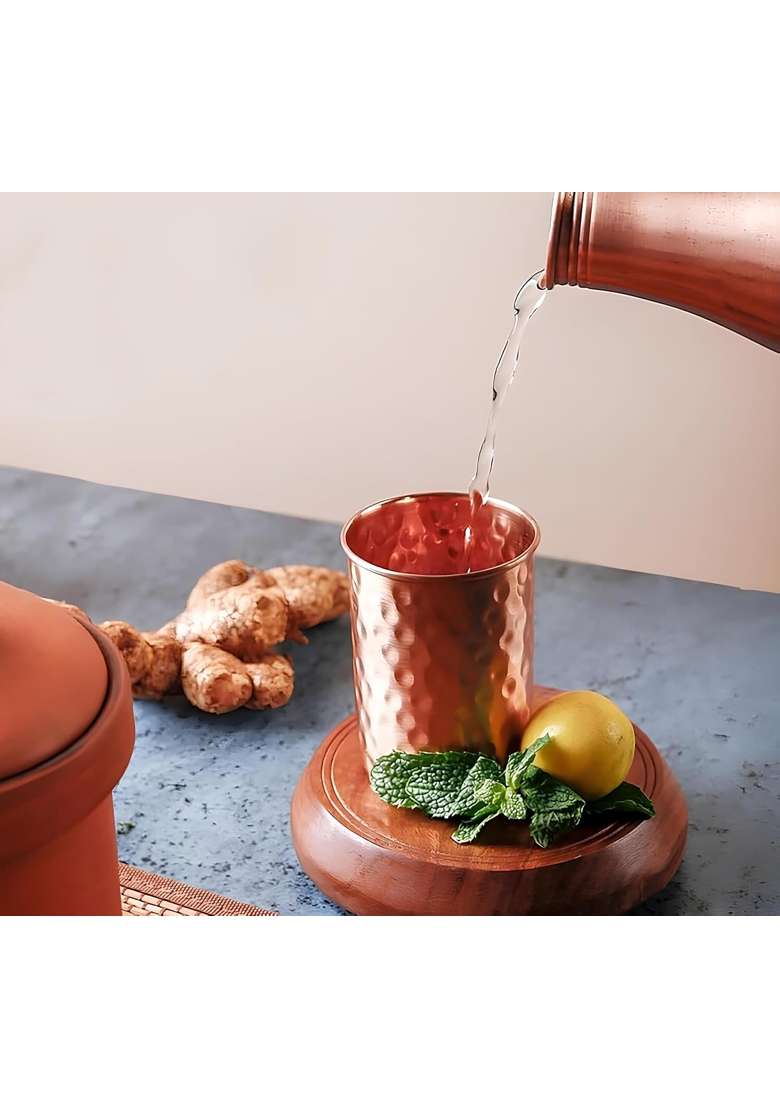 Adoko 100 Pure Copper Hammered Tumbler | 300 ml | 10.1 fl oz | 4-Piece Set | Handcrafted - Indya