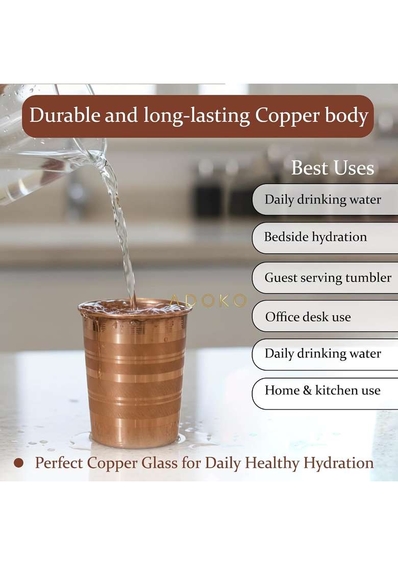 Adoko 100 Pure Copper Tumbler | 300 ml | 10.1 fl oz | 4-Piece Set | Handcrafted - Indya