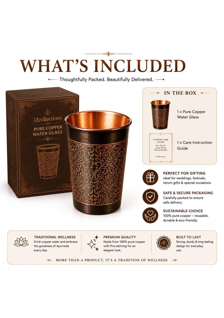 i2collections Pure Copper Water Glass | 300 ml | 10.1 fl oz | Handcrafted - Indya