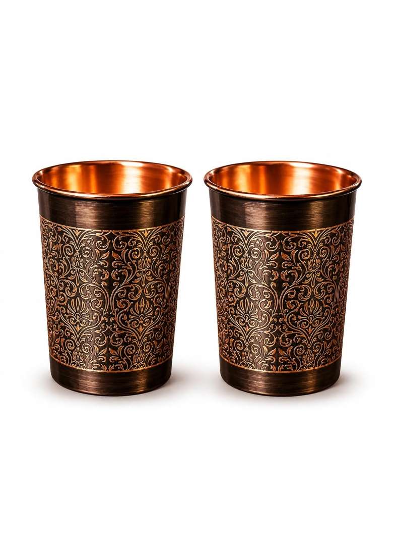 i2collections Pure Copper Water Glass with Elegant Etching Design | 2-Piece Set | Handcrafted - Indya
