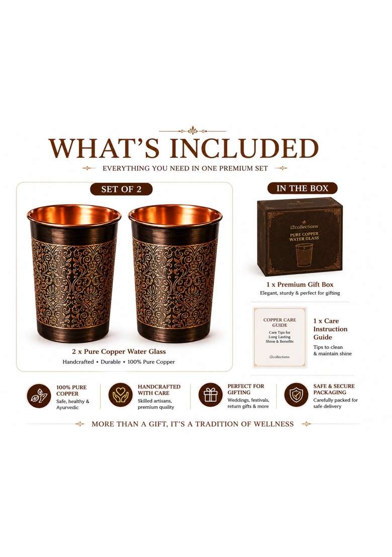 i2collections Pure Copper Water Glass with Elegant Etching Design | 2-Piece Set | Handcrafted - Indya