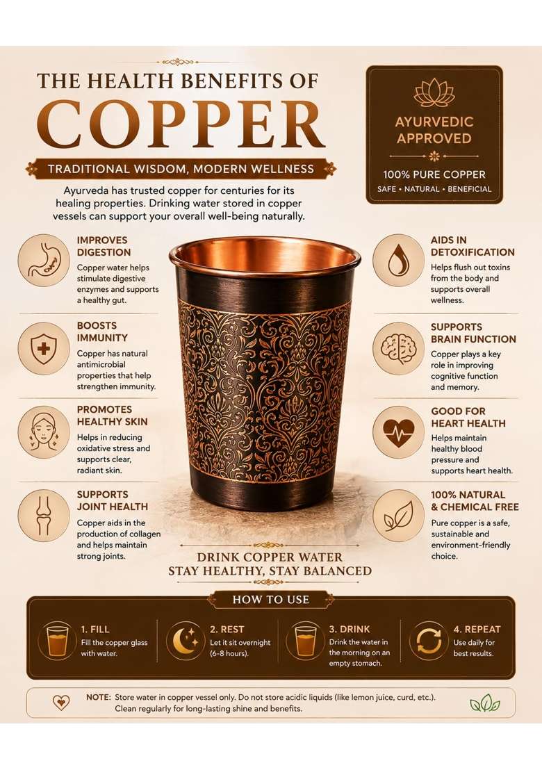 i2collections Pure Copper Water Glass with Elegant Etching Design | 2-Piece Set | Handcrafted - Indya