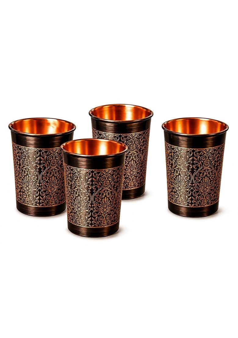 i2collections Pure Copper Water Glass with Antique Etching Design | 300 ml | 10.1 fl oz | 4-Piece Set | Handcrafted - Indya