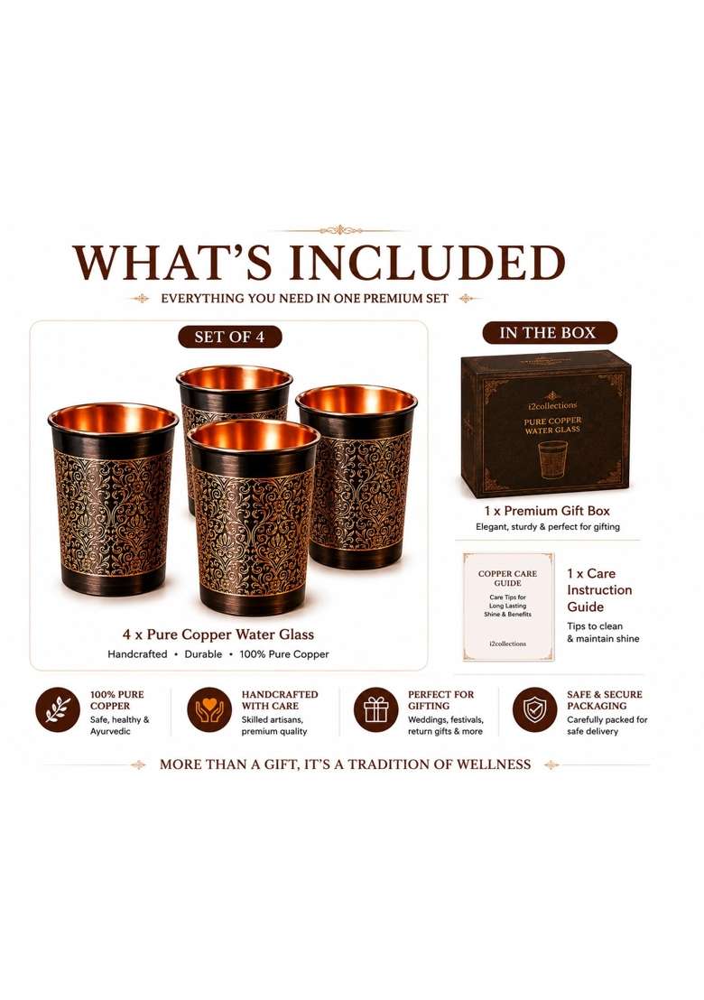 i2collections Pure Copper Water Glass with Antique Etching Design | 300 ml | 10.1 fl oz | 4-Piece Set | Handcrafted - Indya