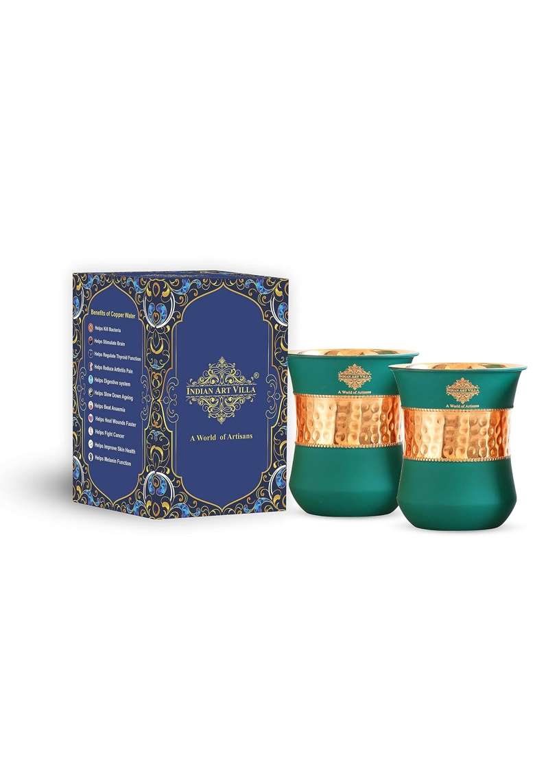 INDIAN ART VILLA Copper Half Hammered Half Silk Finish Green Color Glass | 320 ml | 10.8 fl oz | Pack of 2 - Indya