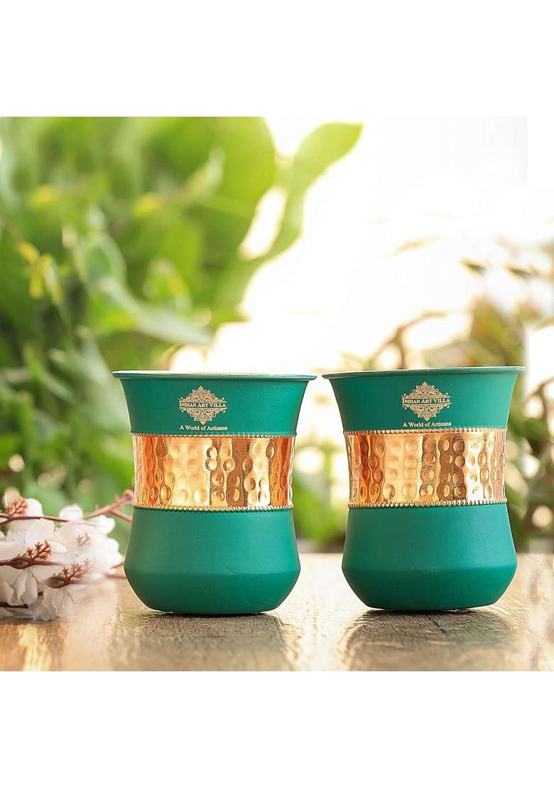 INDIAN ART VILLA Copper Half Hammered Half Silk Finish Green Color Glass | 320 ml | 10.8 fl oz | Pack of 2 - Indya