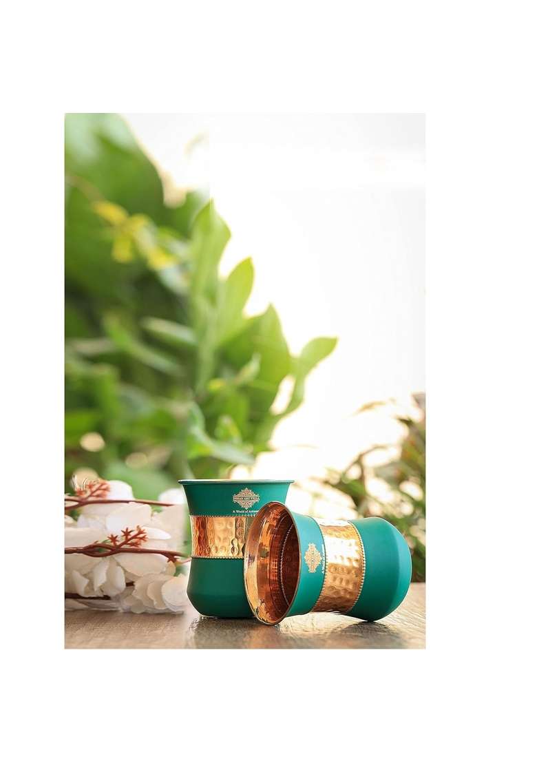 INDIAN ART VILLA Copper Half Hammered Half Silk Finish Green Color Glass | 320 ml | 10.8 fl oz | Pack of 2 - Indya