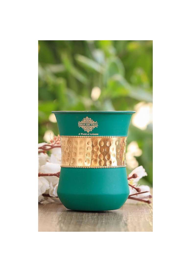INDIAN ART VILLA Copper Half Hammered Half Silk Finish Green Color Glass | 320 ml | 10.8 fl oz - Indya