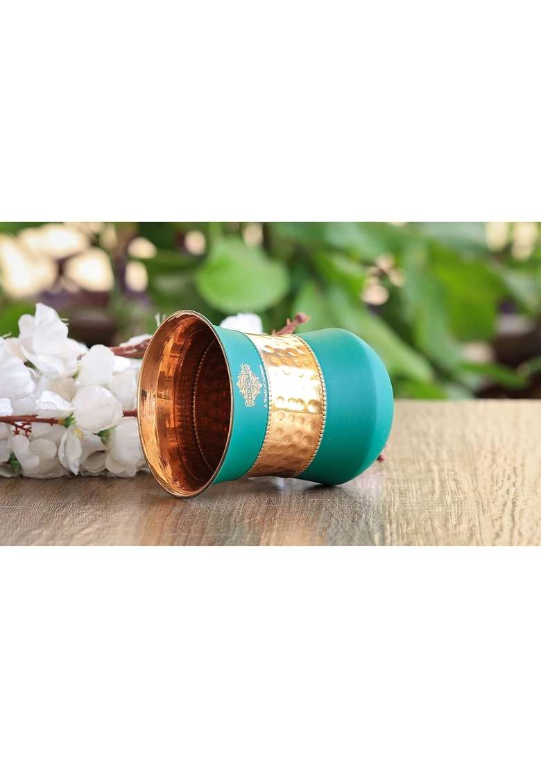 INDIAN ART VILLA Copper Half Hammered Half Silk Finish Green Color Glass | 320 ml | 10.8 fl oz - Indya