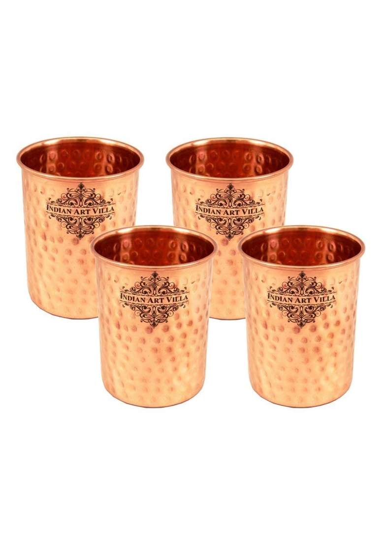 INDIAN ART VILLA Hammered Copper Glass Tumbler | 250 ml | 8.5 fl oz | 4-Piece Set - Indya