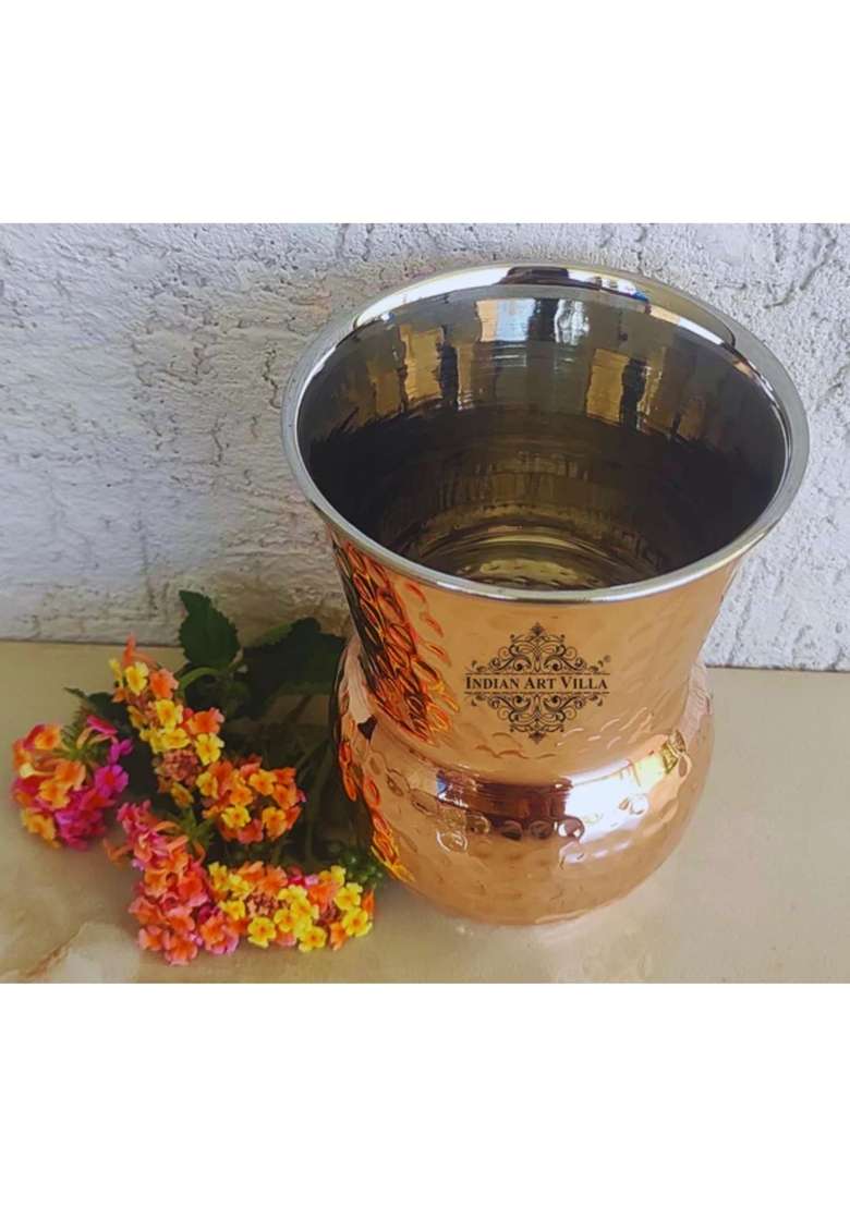 INDIAN ART VILLA Hammered Steel Copper Glass Tumbler | 400 ml | 13.5 fl oz | 6-Piece Set - Indya