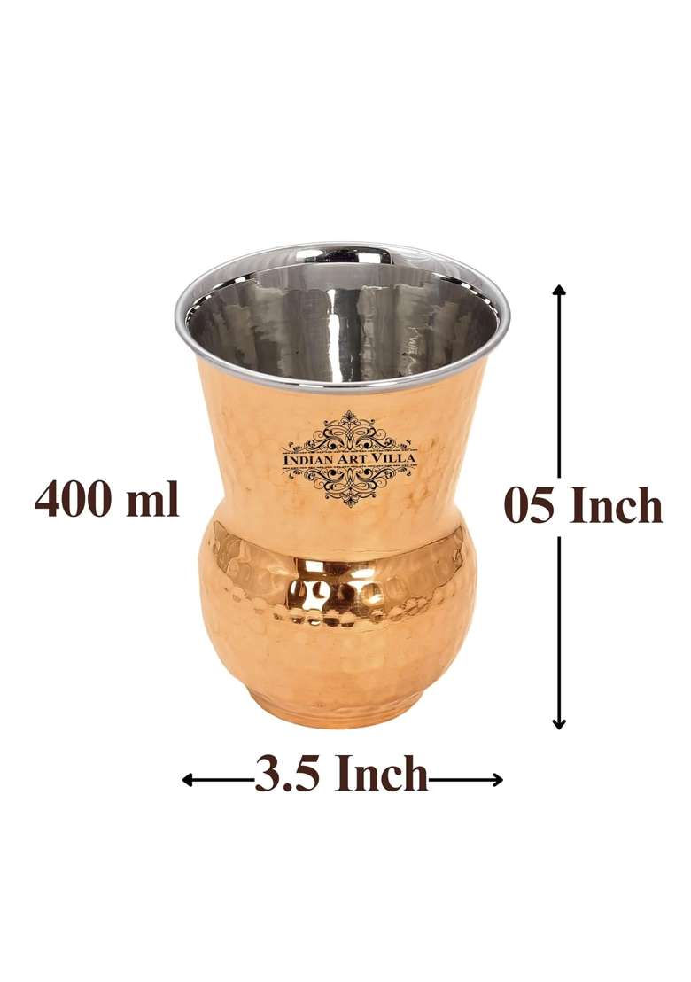 INDIAN ART VILLA Hammered Steel Copper Glass Tumbler | 400 ml | 13.5 fl oz | 6-Piece Set - Indya