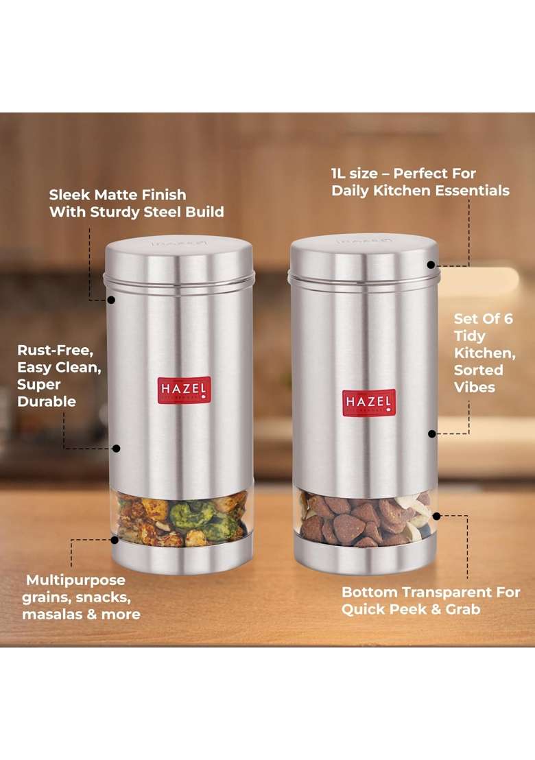 HAZEL Stainless Steel Kitchen Containers | 1 L | 1.1 Qt | 6-Piece Set - Indya