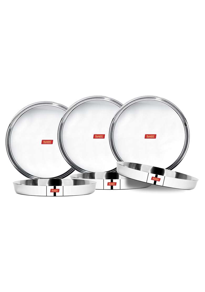 Sumeet 22 Gauge Stainless Steel Traditional Dinner Plates | 2.5 L | 2.6 Qt | 6-Piece Set | Dishwasher Safe - Indya