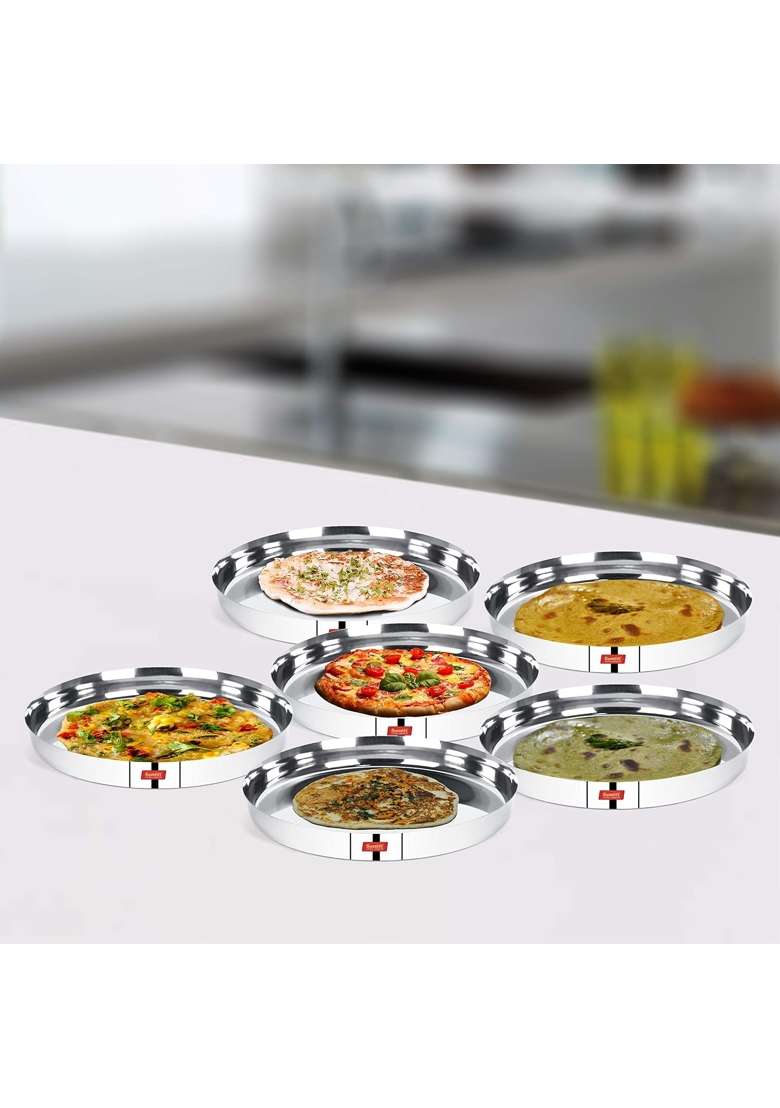 Sumeet 22 Gauge Stainless Steel Traditional Dinner Plates | 2.5 L | 2.6 Qt | 6-Piece Set | Dishwasher Safe - Indya