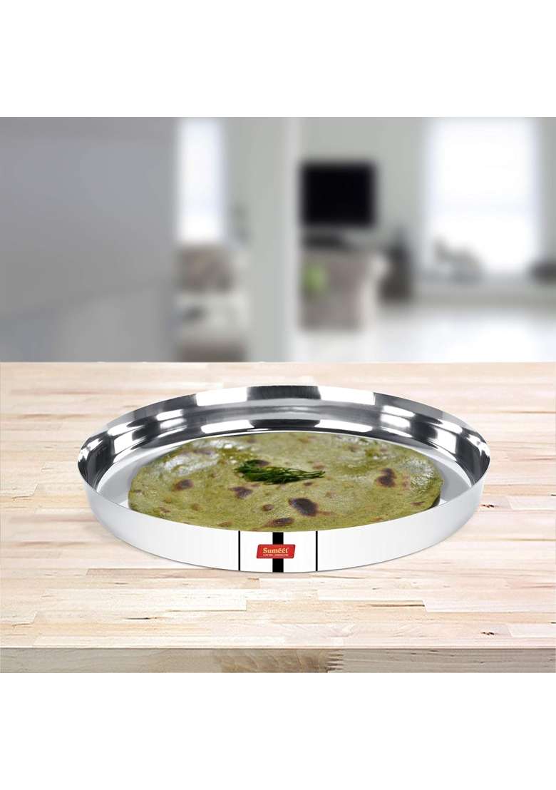 Sumeet 22 Gauge Stainless Steel Traditional Dinner Plate Thali | 2.5 L | 2.6 Qt | 30.7 cm | 12.1 Inch - Indya