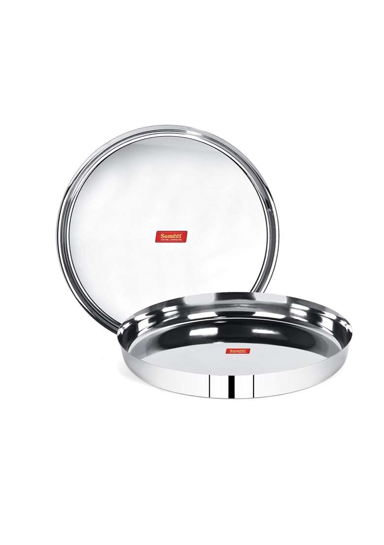 Sumeet 22 Gauge Stainless Steel Traditional Dinner Plate Thali | 1.5 L | 1.6 Qt | 25.8 cm | 10.2 Inch | Pack of 2 - Indya