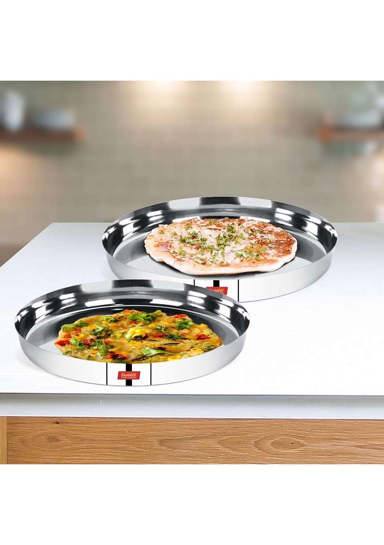 Sumeet 22 Gauge Stainless Steel Traditional Dinner Plate Thali | 1.5 L | 1.6 Qt | 25.8 cm | 10.2 Inch | Pack of 2 - Indya