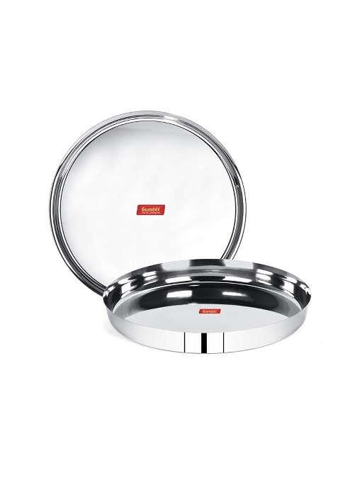 Sumeet 22 Gauge Stainless Steel Traditional Dinner Plate Thali | 1.5 L | 1.6 Qt | 25.8 cm | 10.2 Inch | Pack of 2