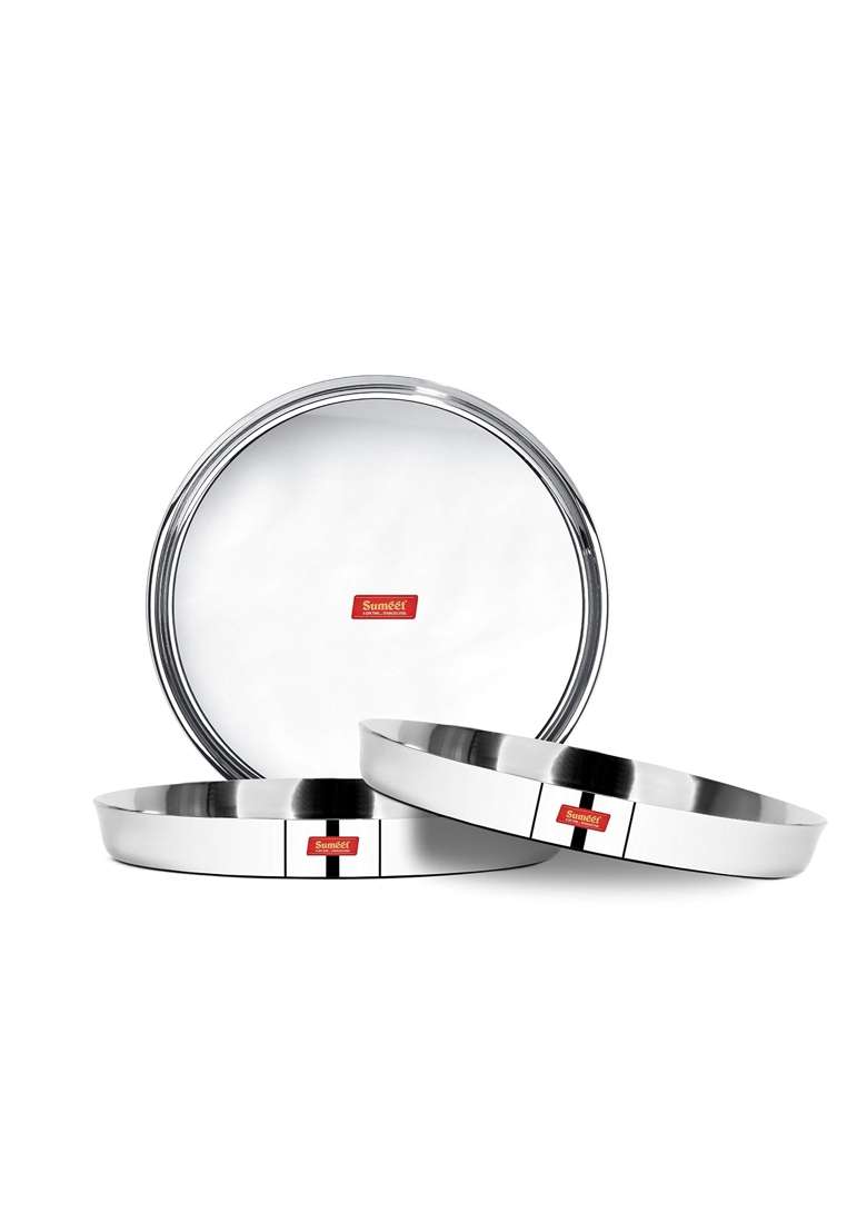 Sumeet 22 Gauge Stainless Steel Traditional Dinner Plate Thali | 1.5 L | 1.6 Qt | 25.8 cm | 10.2 Inch | Pack of 3 - Indya