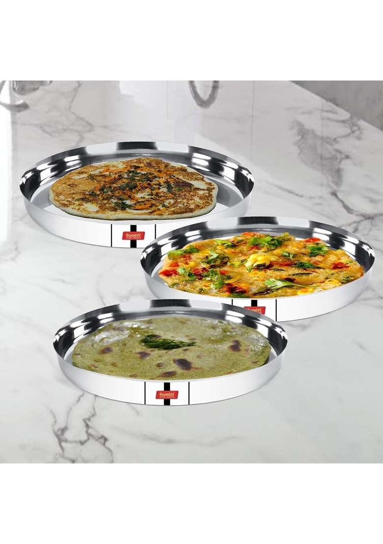 Sumeet 22 Gauge Stainless Steel Traditional Dinner Plate Thali | 1.5 L | 1.6 Qt | 25.8 cm | 10.2 Inch | Pack of 3 - Indya