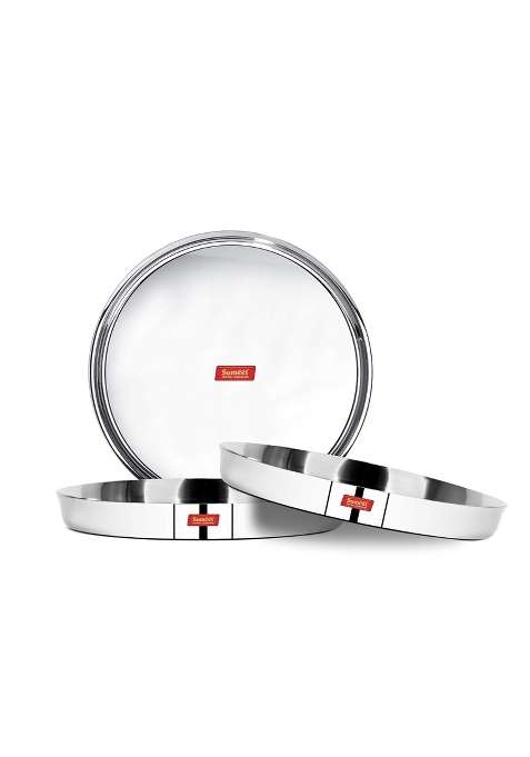 Sumeet 22 Gauge Stainless Steel Traditional Dinner Plate Thali | 1.5 L | 1.6 Qt | 25.8 cm | 10.2 Inch | Pack of 3