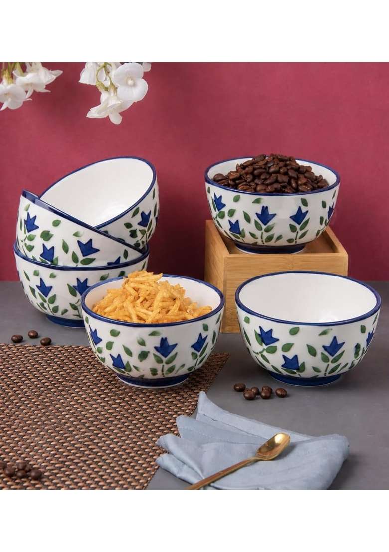 VOIDROP Floral Print Blue Ceramic Bowl | 180 ml | 6.1 fl oz | 6-Piece Set - Indya