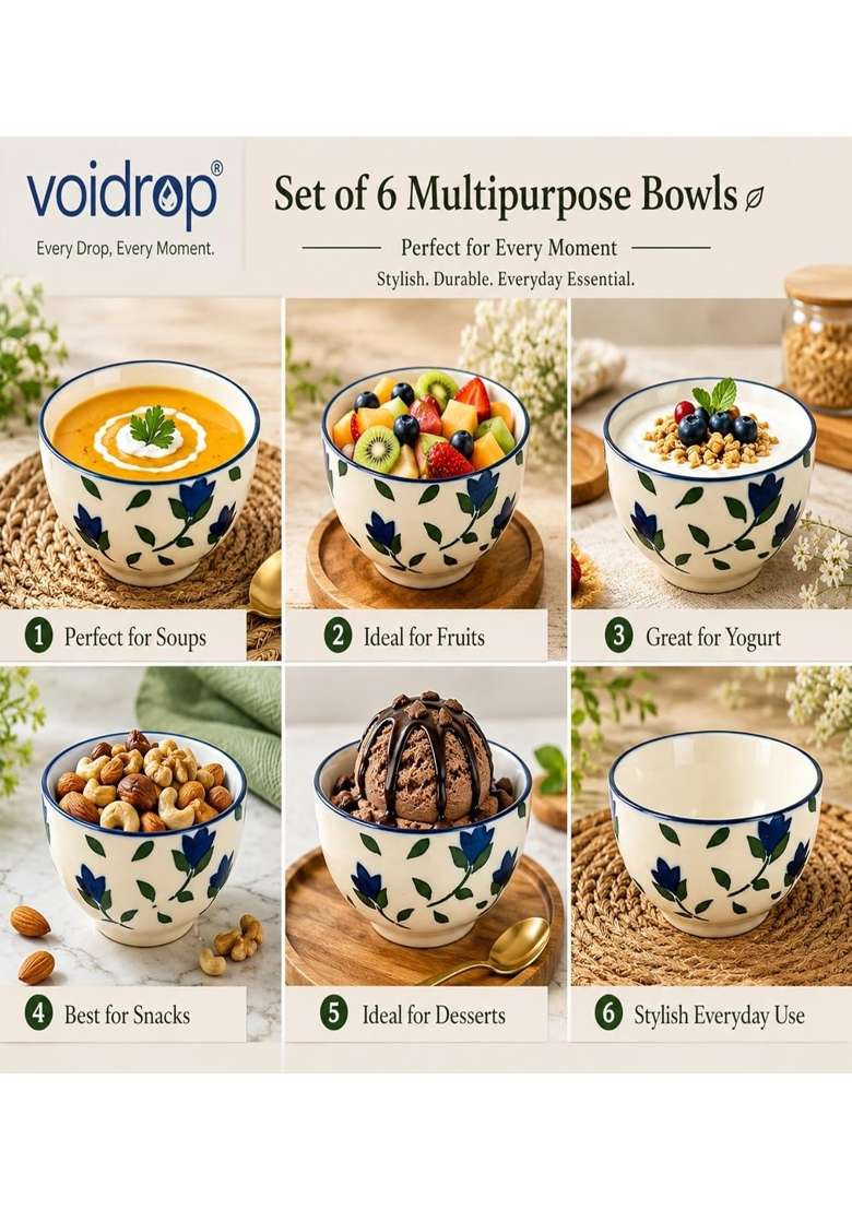 VOIDROP Floral Print Blue Ceramic Bowl | 180 ml | 6.1 fl oz | 6-Piece Set - Indya