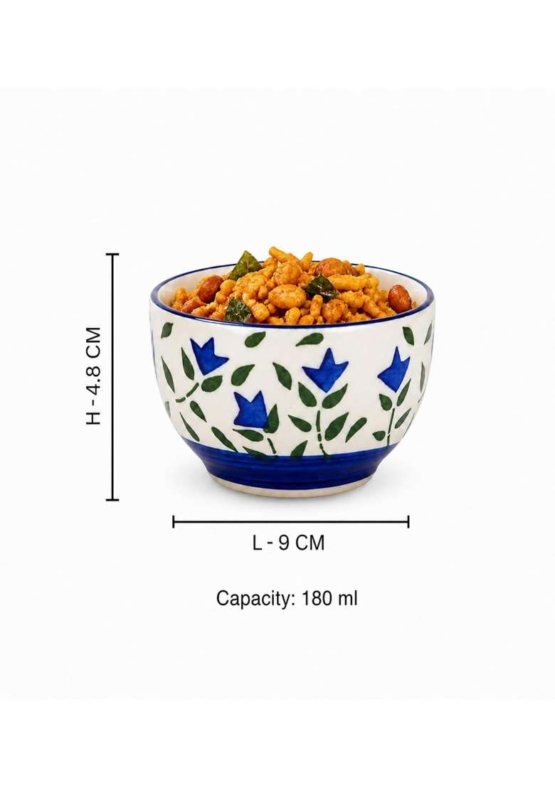 VOIDROP Floral Print Blue Ceramic Bowl | 180 ml | 6.1 fl oz | 6-Piece Set - Indya