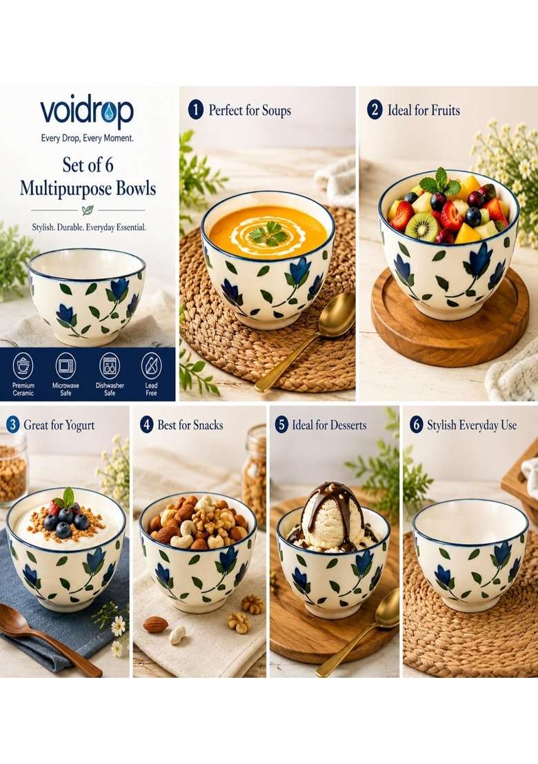 VOIDROP Floral Print Blue Ceramic Bowl | 180 ml | 6.1 fl oz | 6-Piece Set - Indya
