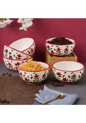 VOIDROP Floral Print Red Ceramic Bowl | 180 ml | 6.1 fl oz | 6-Piece Set | Dishwasher Safe | Microwave Safe