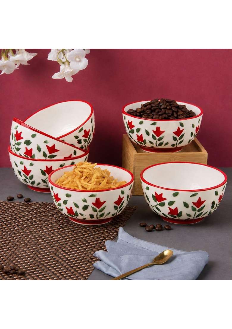 VOIDROP Floral Print Red Ceramic Bowl | 180 ml | 6.1 fl oz | 6-Piece Set | Dishwasher Safe | Microwave Safe - Indya