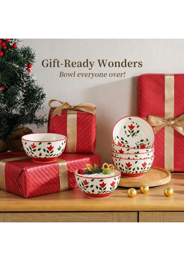 VOIDROP Floral Print Red Ceramic Bowl | 180 ml | 6.1 fl oz | 6-Piece Set | Dishwasher Safe | Microwave Safe - Indya
