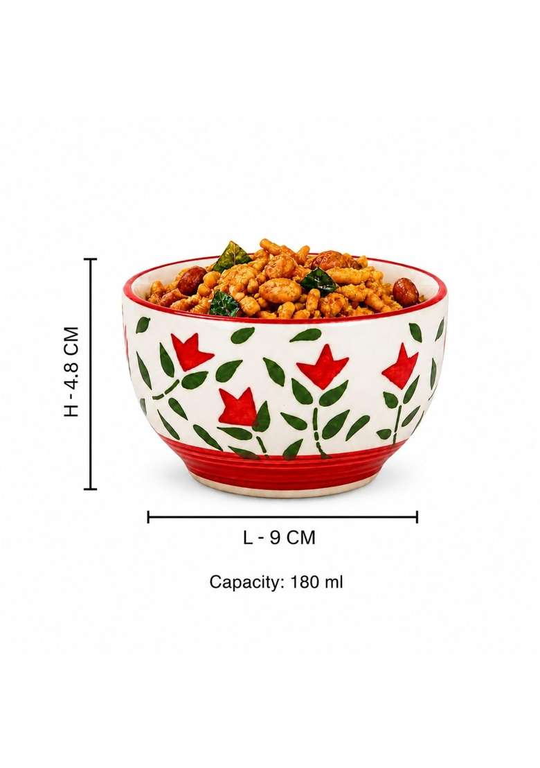 VOIDROP Floral Print Red Ceramic Bowl | 180 ml | 6.1 fl oz | 6-Piece Set | Dishwasher Safe | Microwave Safe - Indya