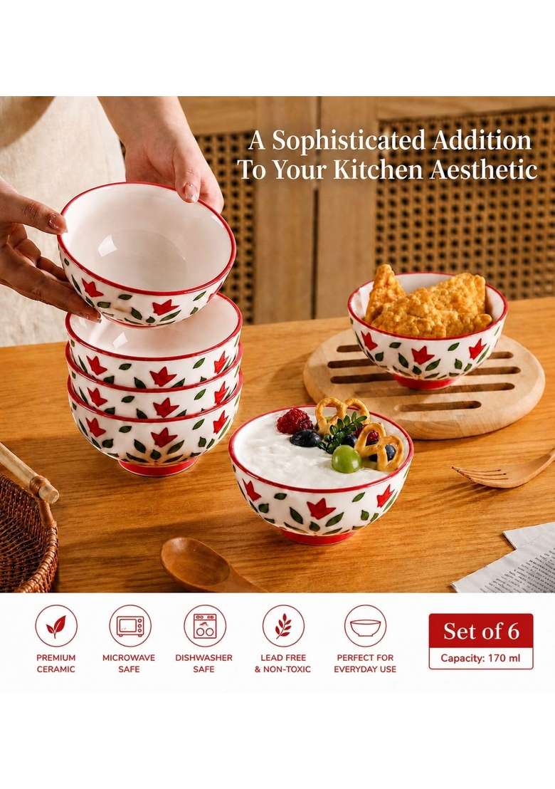 VOIDROP Floral Print Red Ceramic Bowl | 180 ml | 6.1 fl oz | 6-Piece Set | Dishwasher Safe | Microwave Safe - Indya