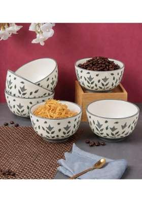 VOIDROP Floral Print Grey Ceramic Bowl | 180 ml | 6.1 fl oz | 6-Piece Set | Dishwasher Safe | Microwave Safe