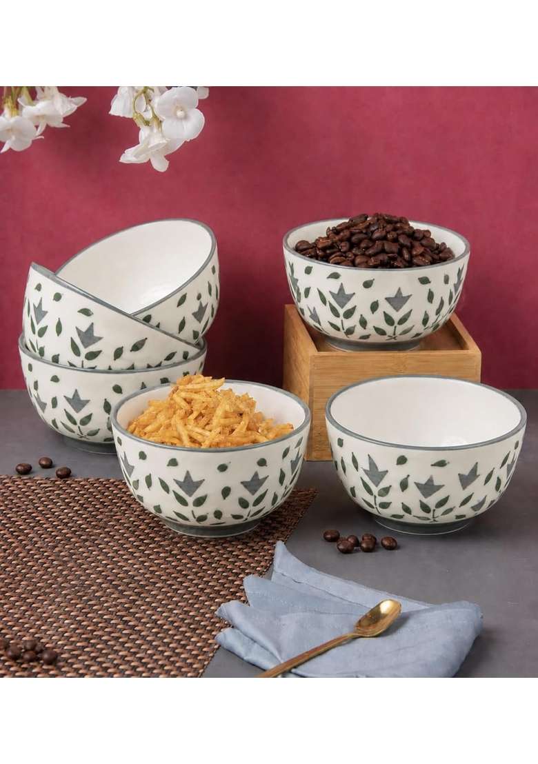VOIDROP Floral Print Grey Ceramic Bowl | 180 ml | 6.1 fl oz | 6-Piece Set | Dishwasher Safe | Microwave Safe - Indya
