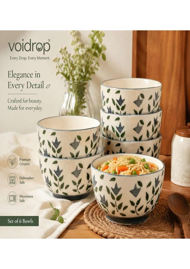 VOIDROP Floral Print Grey Ceramic Bowl | 180 ml | 6.1 fl oz | 6-Piece Set | Dishwasher Safe | Microwave Safe - Indya