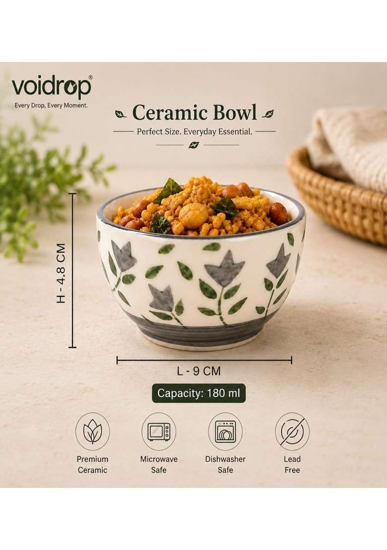 VOIDROP Floral Print Grey Ceramic Bowl | 180 ml | 6.1 fl oz | 6-Piece Set | Dishwasher Safe | Microwave Safe - Indya